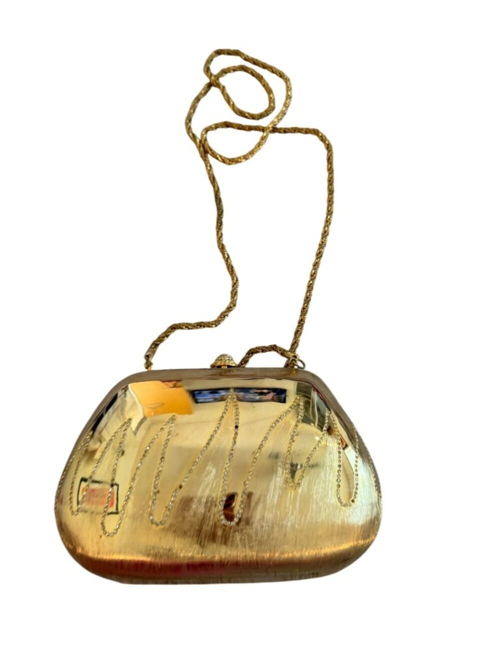 Wolberg Womens Gold Metal Purse Clutch Crystal Embellished Hard-cased Vintage